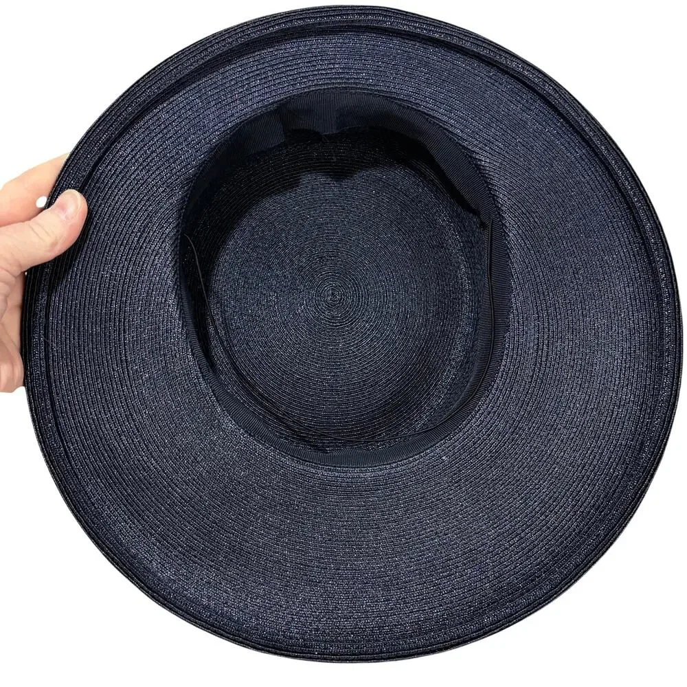 Vintage boater style ladies hat navy blue & faded red flower on velvet hatband - Picture 8 of 9